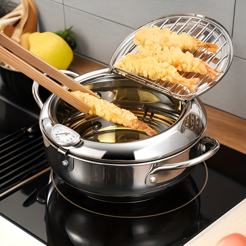 Fritteuse aus Edelstahl 304 mit Ölthermometer und Abtropfgestell