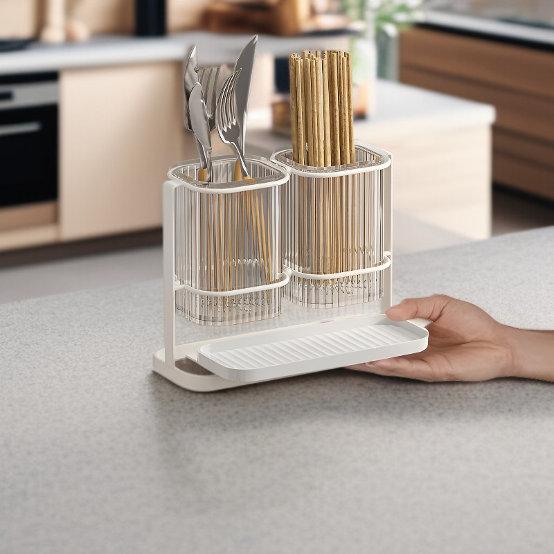 حاوية عيدان الطعام المطبخية المنزلية لتصريف المياه وصندوق تخزين شفاف للسكين والشوكة والملعقة