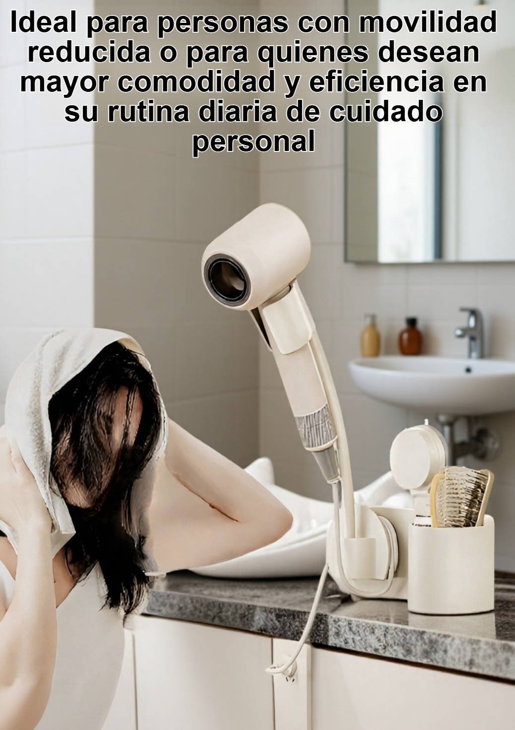 Soporte para secador de pelo manos libres instalado en baño moderno