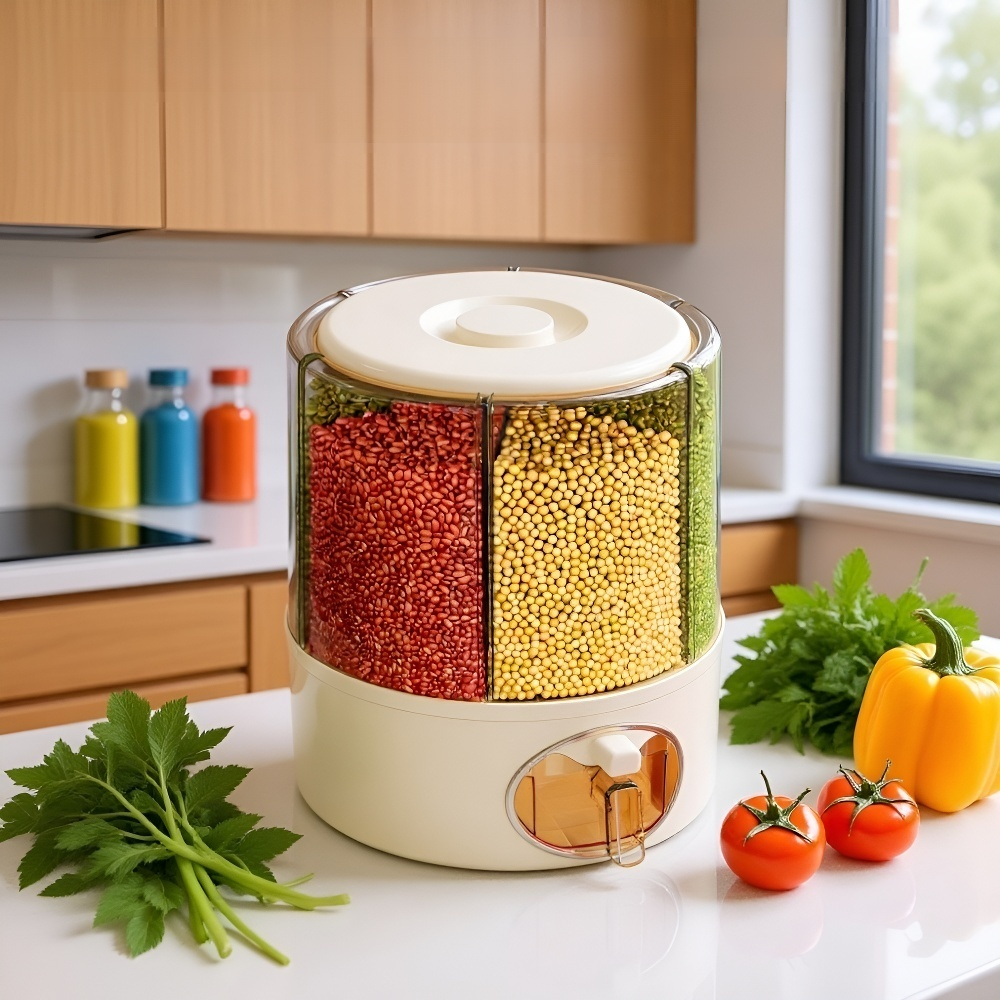 Cubo de almacenamiento de granos giratorio de 360° con gran capacidad