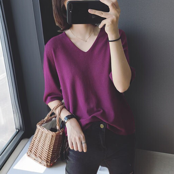 여성 이너 니트 반팔티 캐주얼 반팔 티 상의 순색 브이넥 반팔티