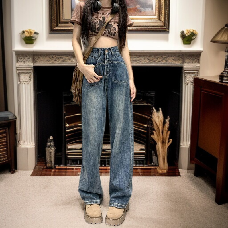 여성 하이웨스트 와이드 데님 슬리퍼 앞포켓 하이웨스트 스트레이트 팬츠