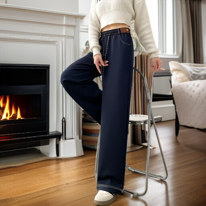 하이웨스트 와이드 팬츠 밴딩 일자 팬츠 빅 사이즈 여성 바지 기모 캐주얼 바지 청바지 여 하이웨스트 스판 빅 팬츠