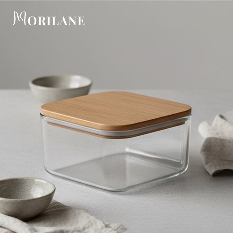 กล่องใส่อาหารใส 2 ชิ้น วางบนโต๊ะอาหาร