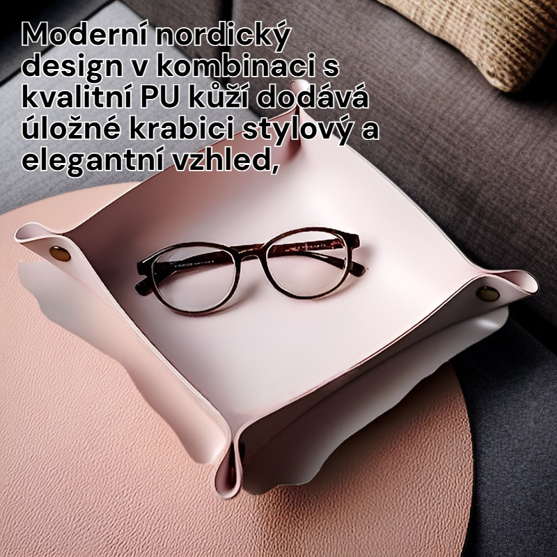 Severský kožený úložný box – Stolní úložný tác z PU kůže na šperky, kosmetiku a klíče