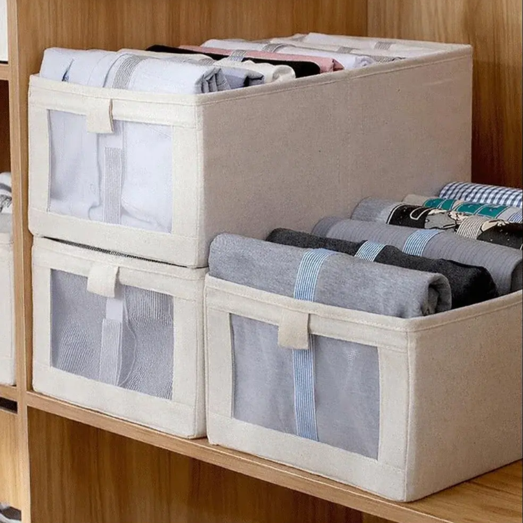 Faltbare Aufbewahrungsbox aus Baumwolle und Leinen mit Sichtfenster