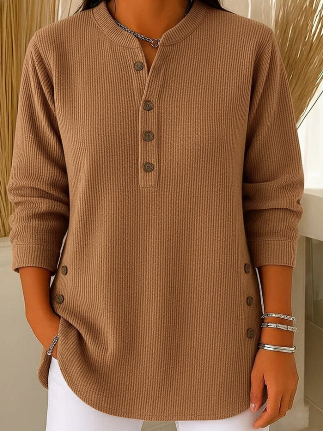 Damen-Strickpullover, einfarbig, locker geschnitten, V-Ausschnitt, Knopfleiste