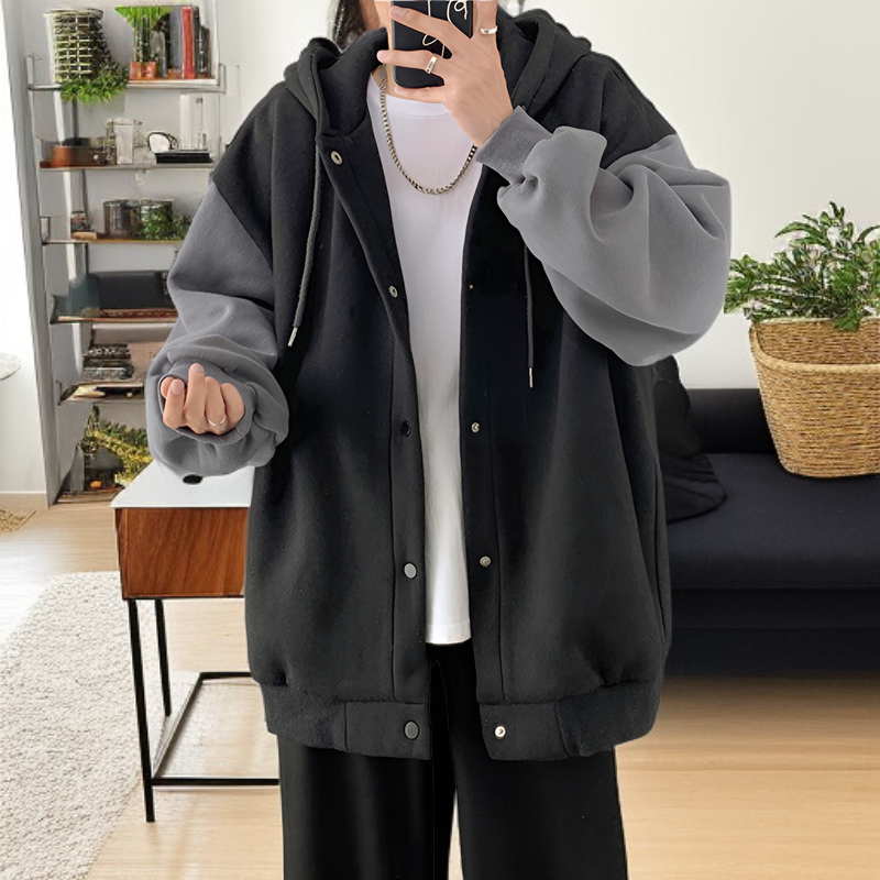 香港スタイルの秋と冬の男性用カジュアルカーディガンジャケット、ベルベットと厚みのあるトレンディなスプライシングスウェットシャツ、ルーズフード付きスウェットシャツ、カップル着用