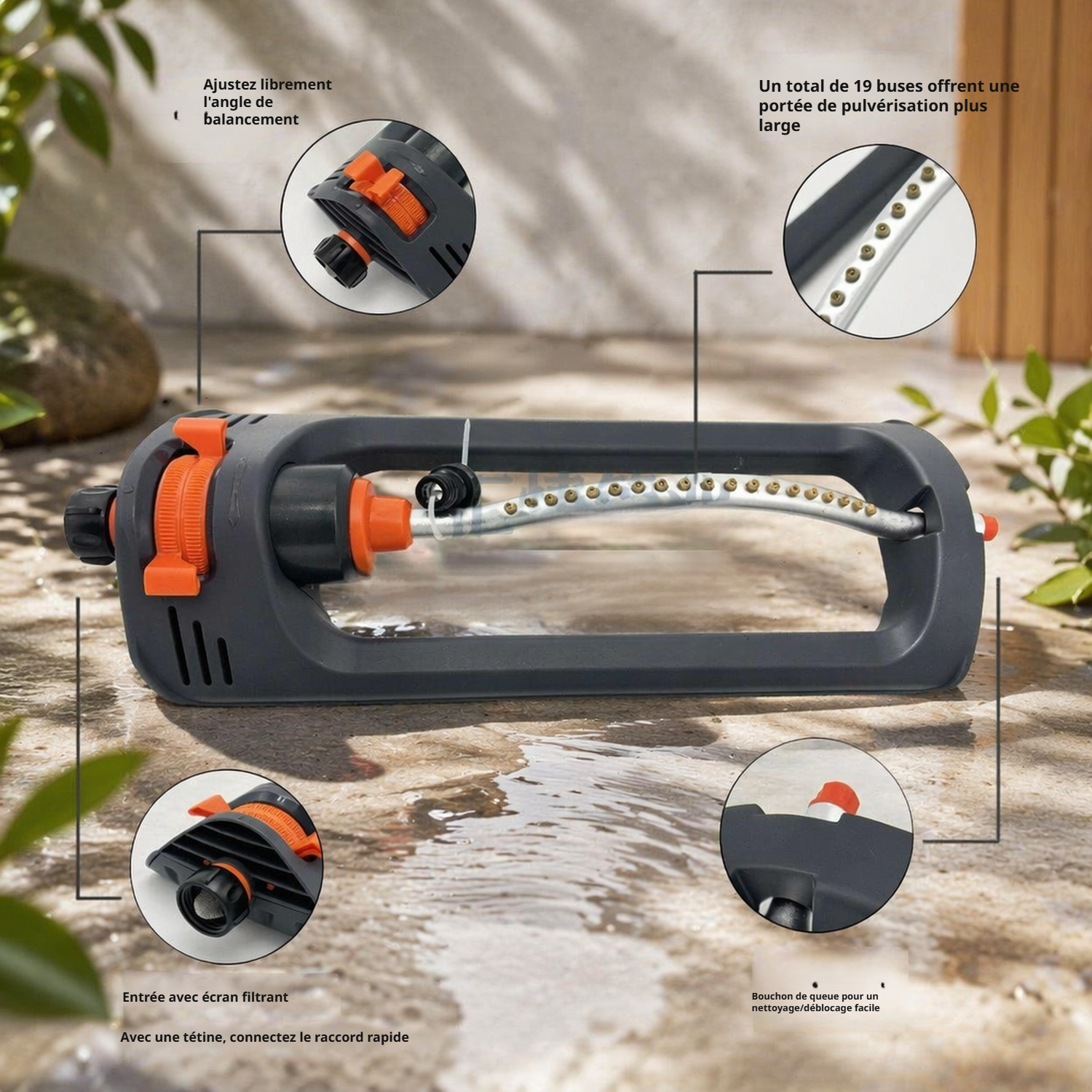 Arroseur oscillant automatique 180° à 19 trous pour irrigation de jardin