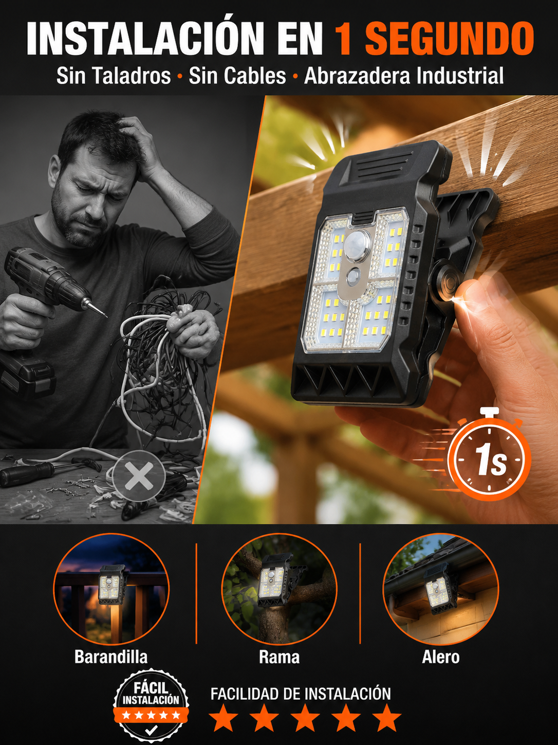 Foco Solar Radar IP65: Pinza de 1s y 10 años con 0€ de luz！