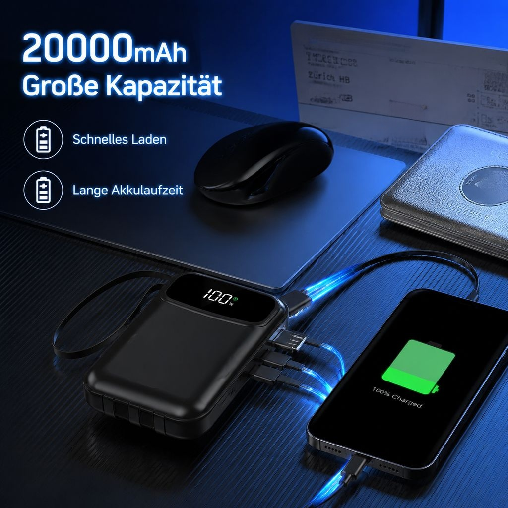 Powerbank mit Super-Schnellladung und integriertem Kabel, 20000mAh
