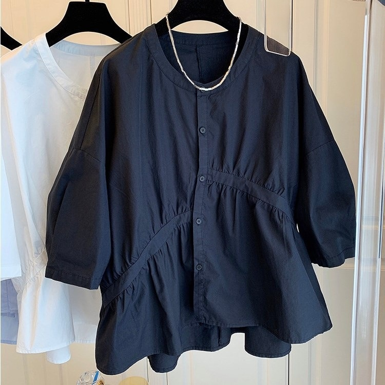 設計感不對稱褶皺寬鬆棉布娃娃衫上衣