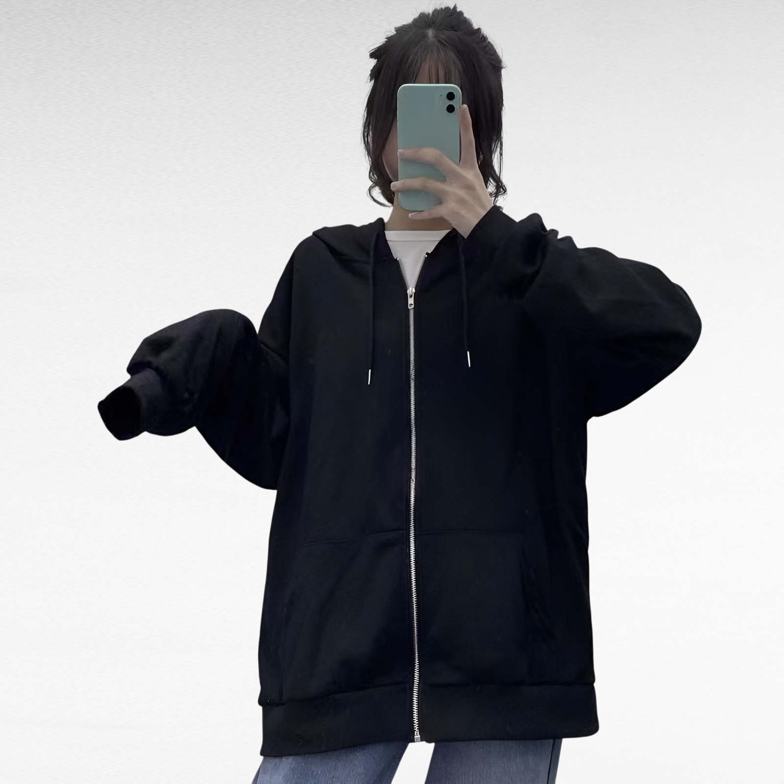 韓国風 ゆったり グレー ジップアップ スウェットパーカー