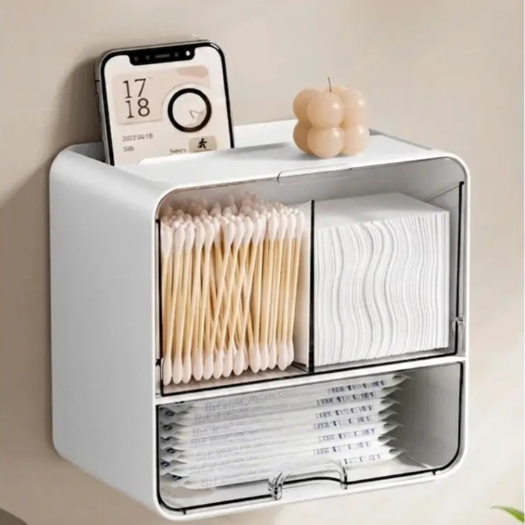 壁掛け式のバスルームミラーキャビネット収納ボックス。フェイスタオル、トイレ用綿棒、化粧品などを収納できます。