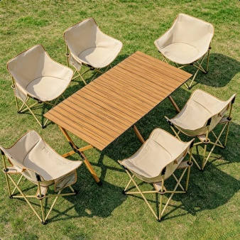 Portable Camping Table and Chair Set with Folding Moon Chair and Carbon Steel Roll Table