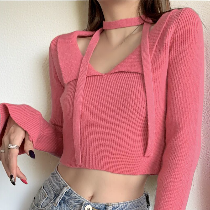 니트 여 퓨어 숏 슬림핏 긴팔 상의 니트 여자 쇼트 슬림 긴팔 톱