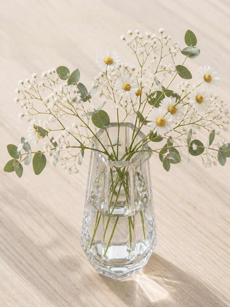 Transparente Blumenvase mit frischen Blumen