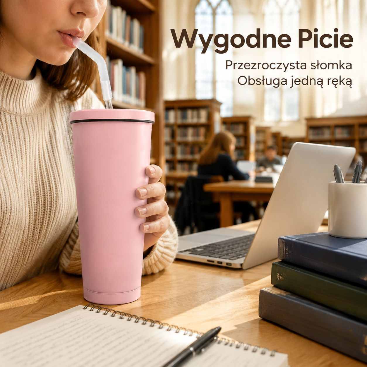Stylowy męski kubek termiczny ze stali nierdzewnej ze słomką, dla uczniów