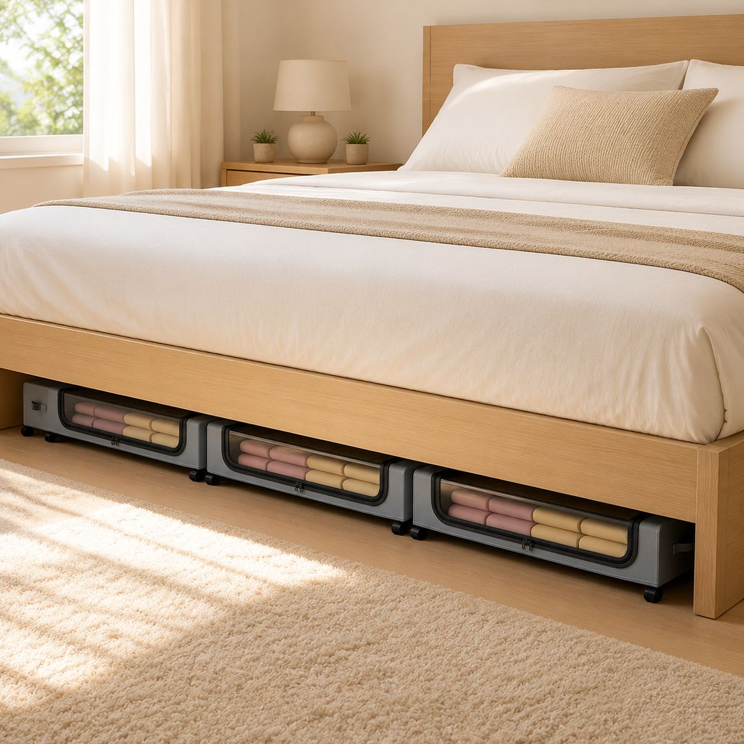Unterbett-Faltbox mit Rollen und Deckel