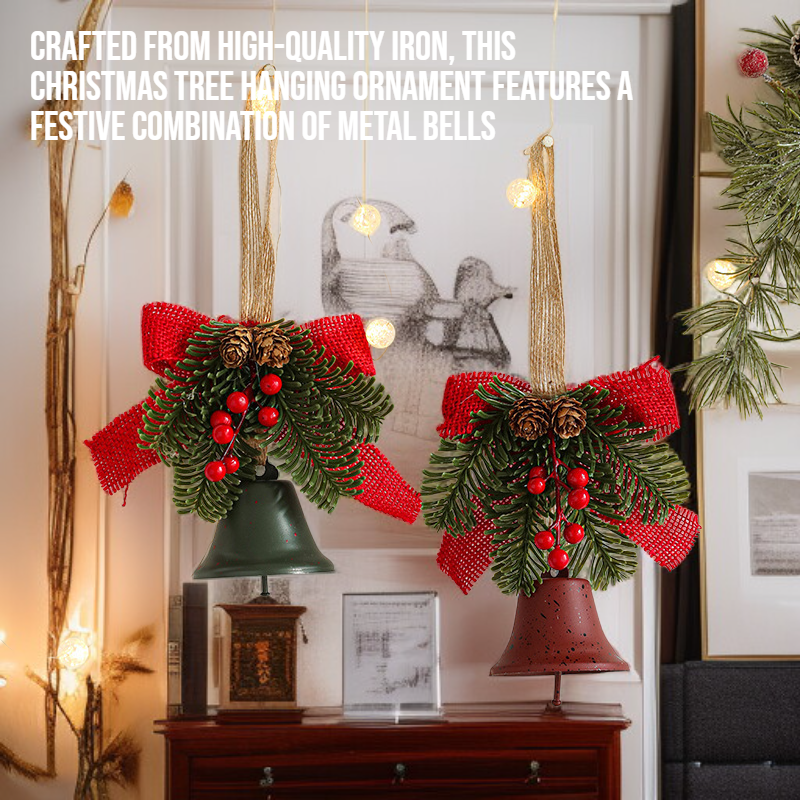 Metal Christmas Bell Ornament with Bow, Pine Needles, and Red Berries for Door 