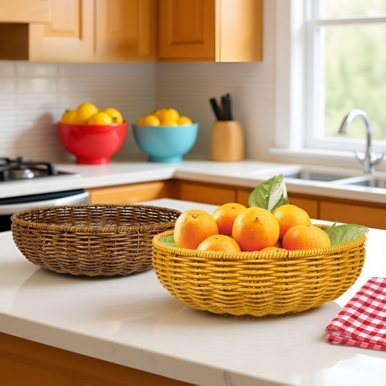 Round woven rattan fruit and vegetable storage basket