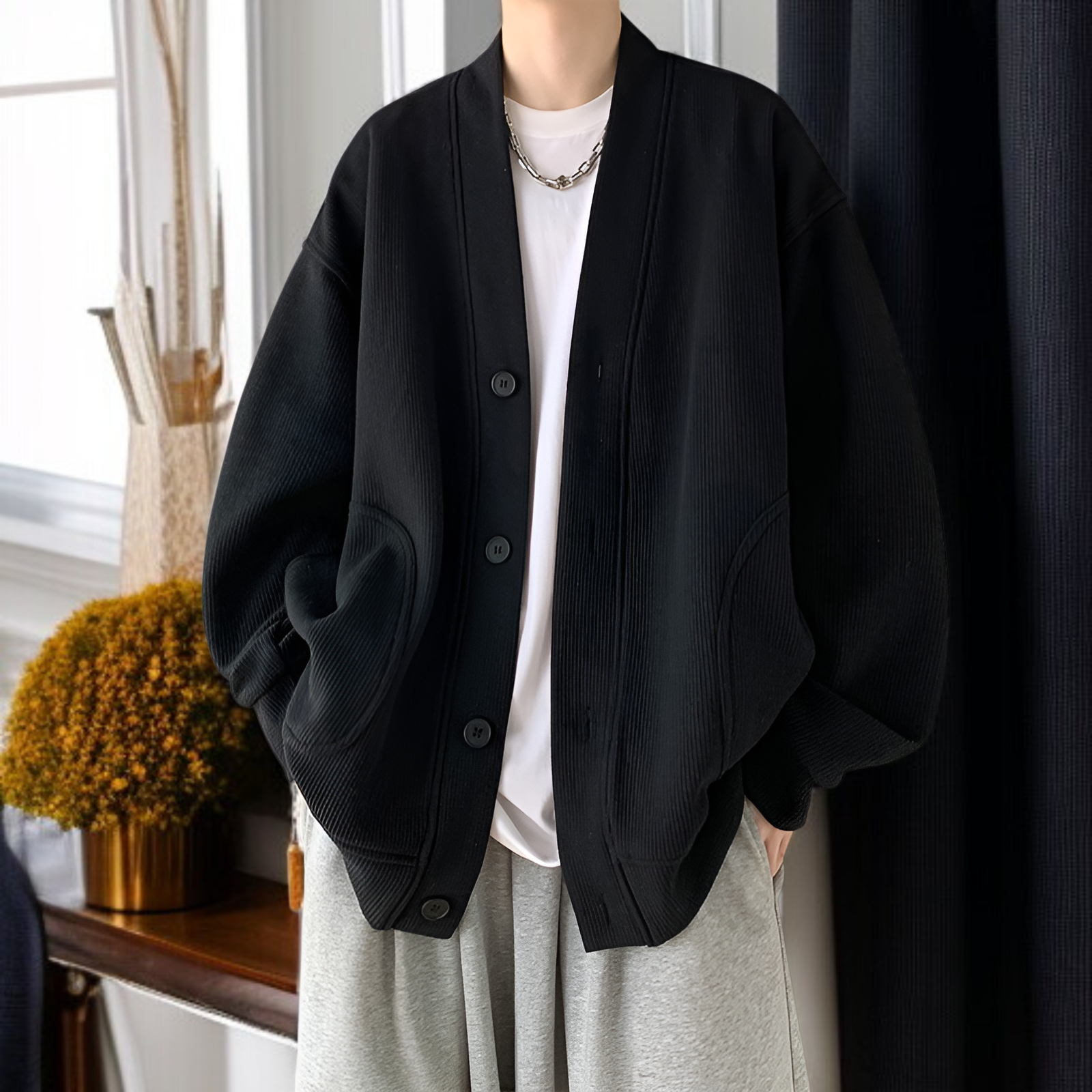 春と秋に着用する男性用のレイジースタイルのウールカーディガンジャケット、Vネックのアメリカンジャケットを備えた先進的な若々しいフードなしセーター