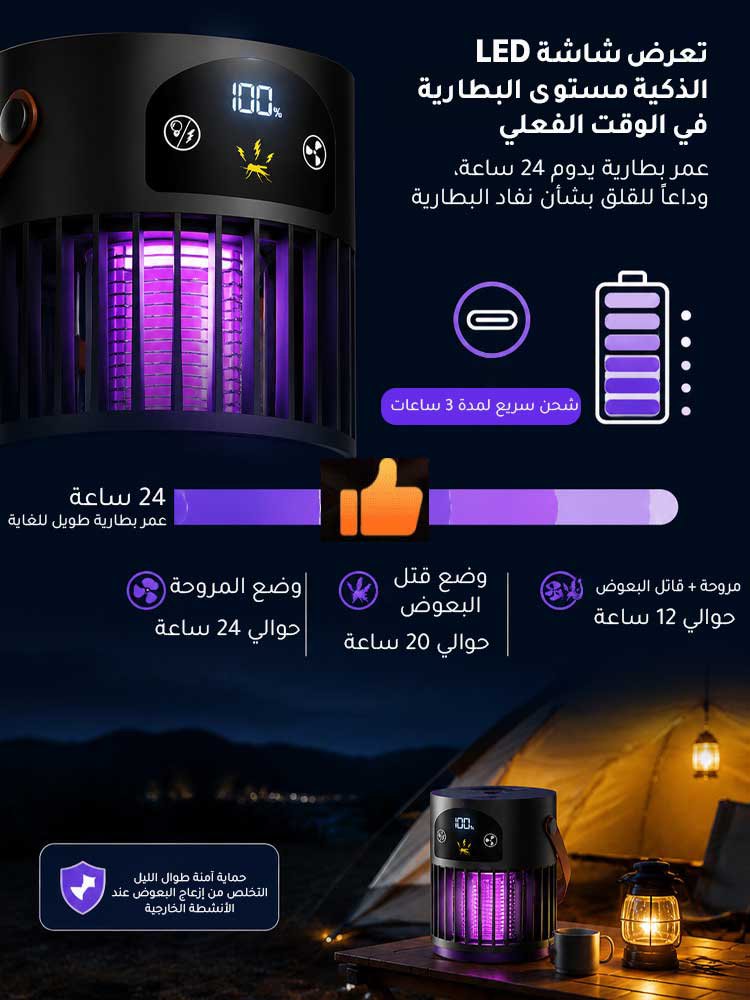 مصباح قتل البعوض المحمول مع مروحة قوي الأداء 2 في 1