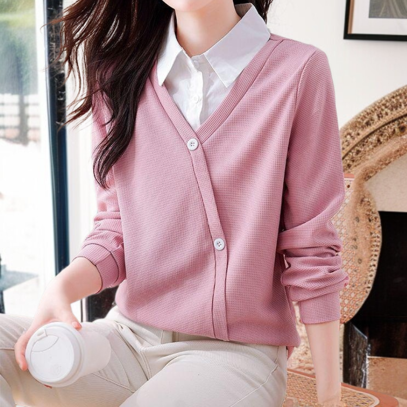 여성 셔츠 터틀넥 접합 와프거 긴팔 가짜 긴팔 두 벌