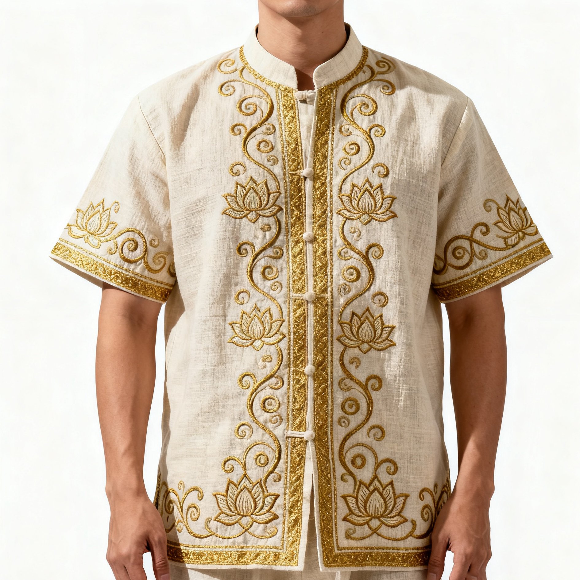 เสื้อยืดปักลายดอกบัวสำหรับผู้ชาย