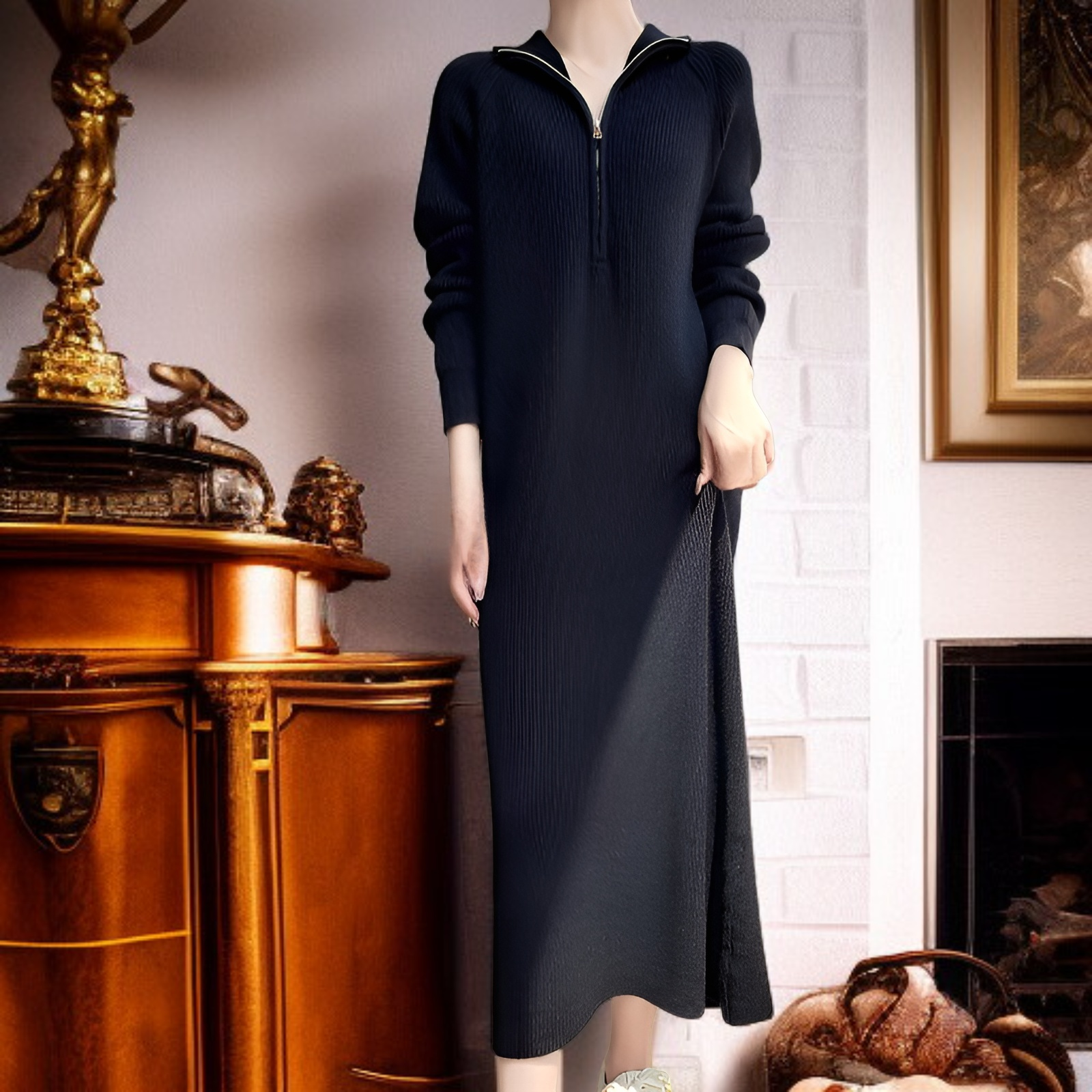 Brelia-jp】2025 Herbst/Winter Damen Strickkleid, Französisch, Schwarz, Midikleid mit Reißverschluss