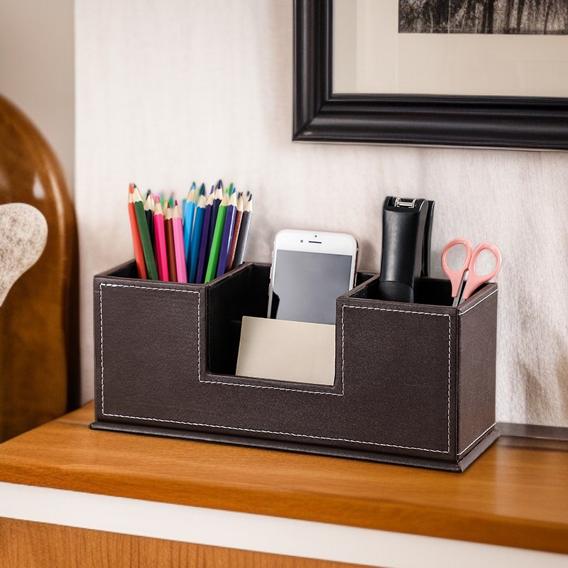  Factory Wholesale Simple Style Leather Dual Pen Cup and Drawer Storage Organizer for Stationery