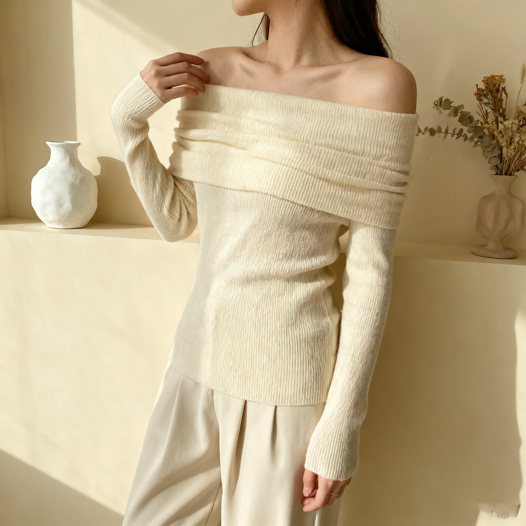 밝은 노란색 원숄더 스웨터