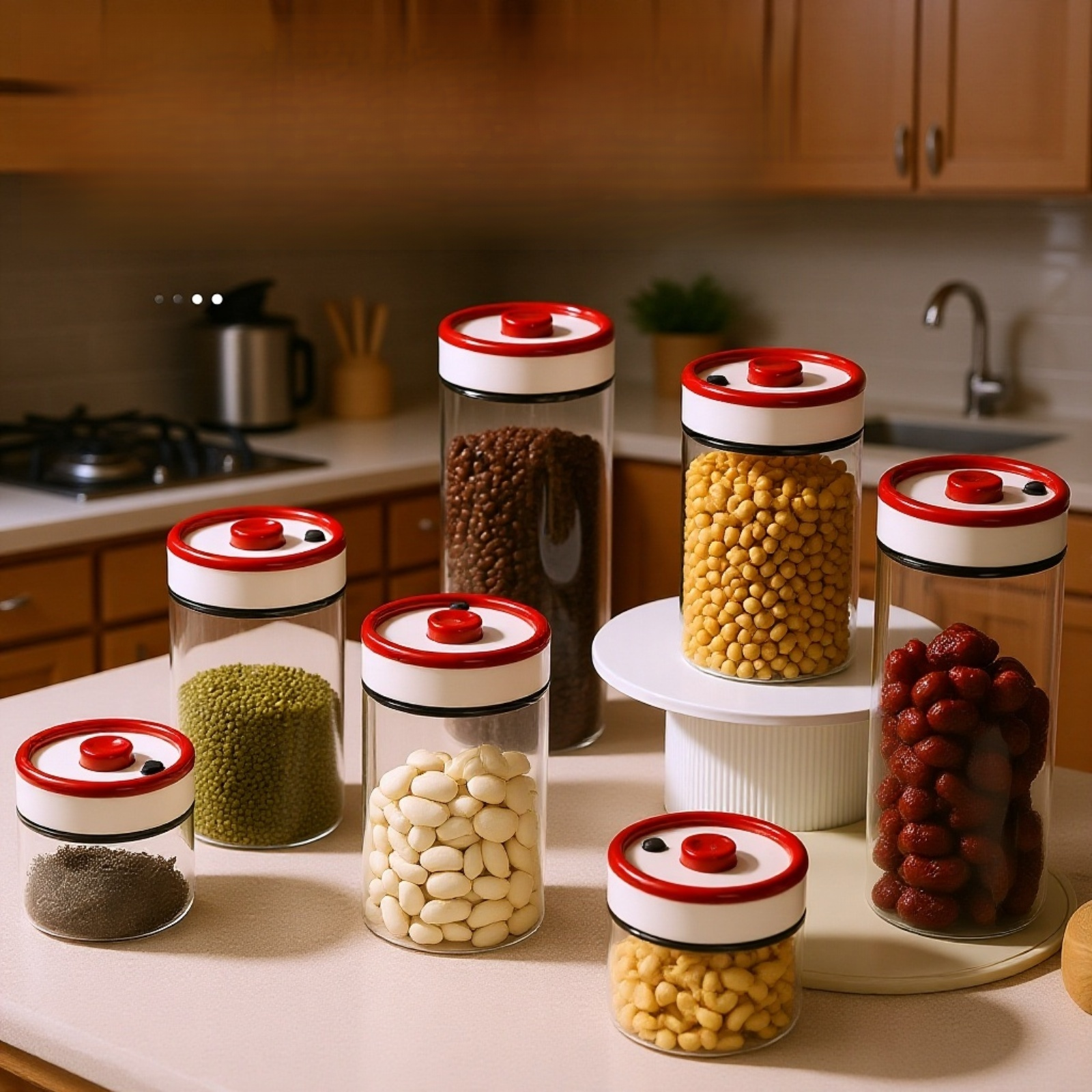 Recipiente hermético mostrando granos de café frescos