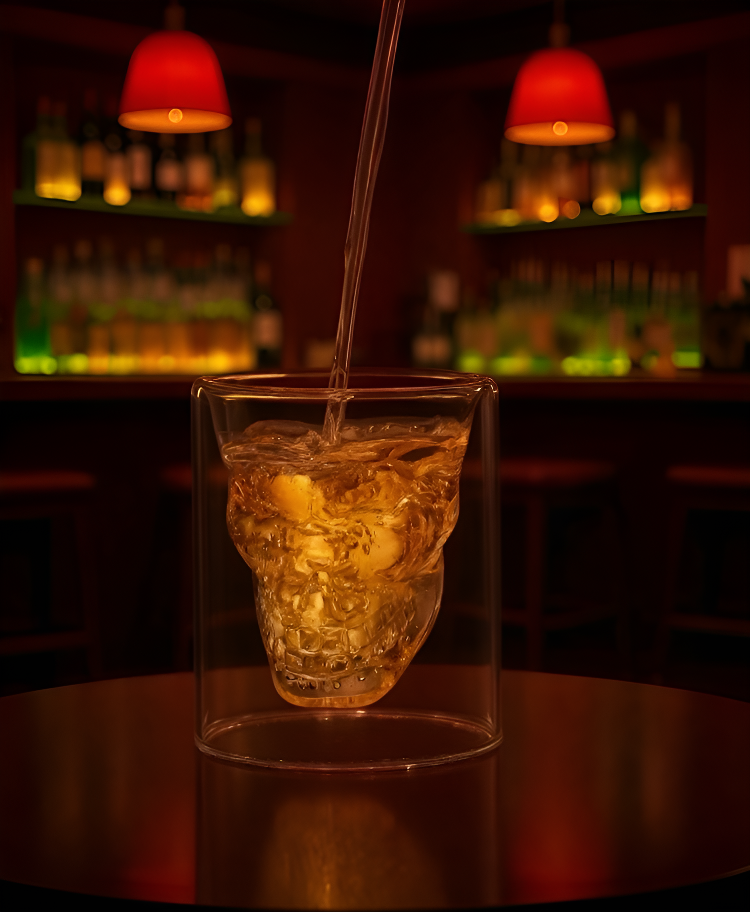 Klares doppelwandiges Glas auf Holztisch