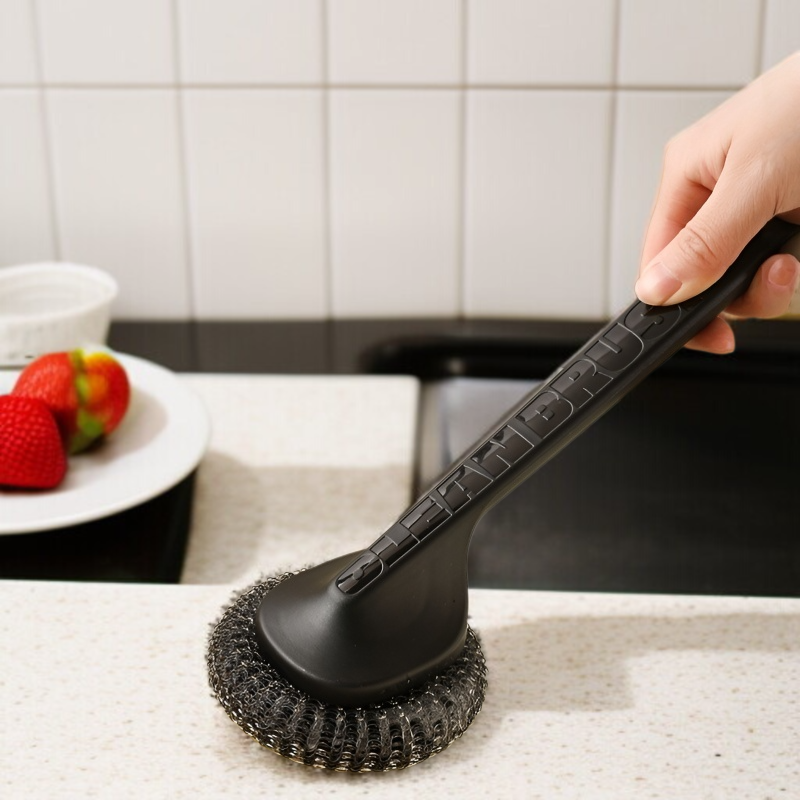 Stainless steel dishwashing brush with replaceable handle