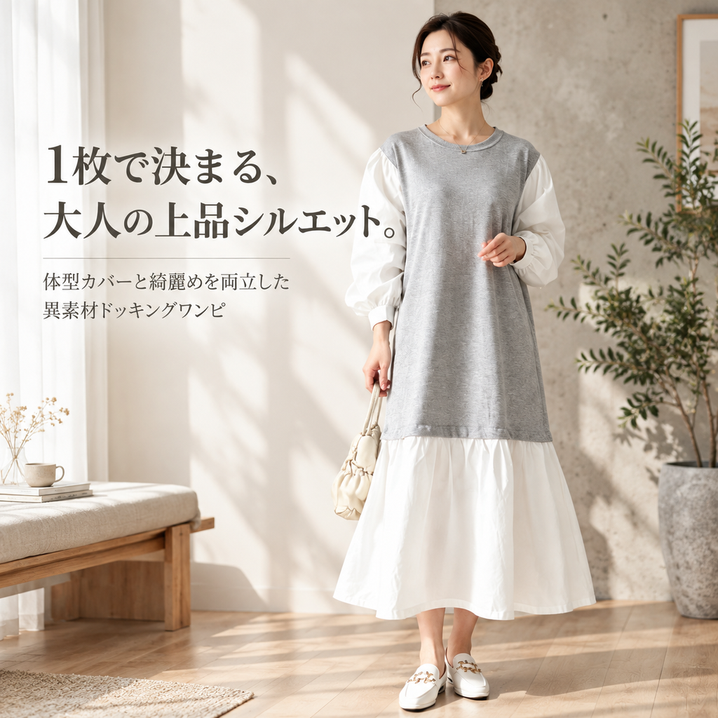 日系スタイル配色ベルスリーブワンピース・春秋用