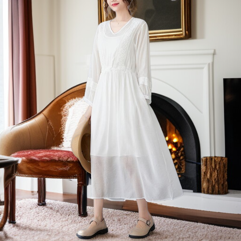 편하고 모던 심플 7부 문예풍 스트랩 원피스 롱 브이넥