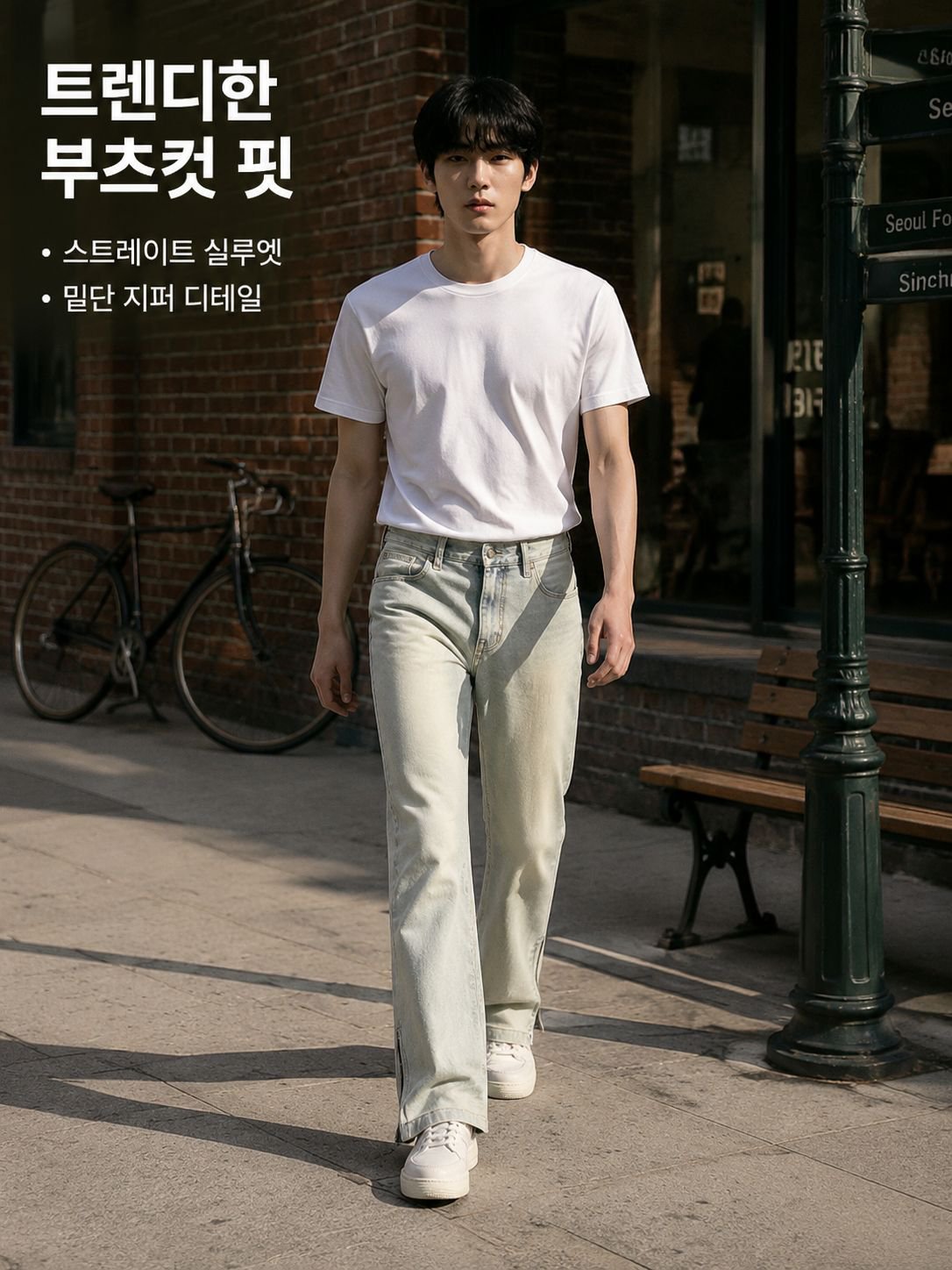 남자 일자핏 청바지 부츠컷 지퍼 트임 워싱 데님 팬츠