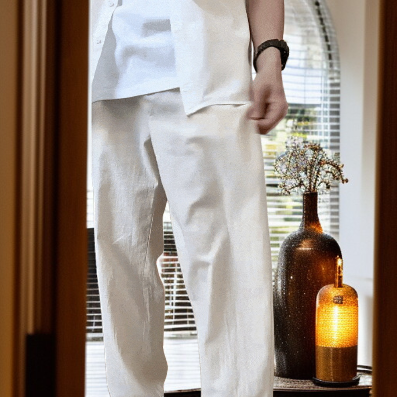 男性用 リネン素材 ゆったりワイドカジュアルパンツ 9分丈