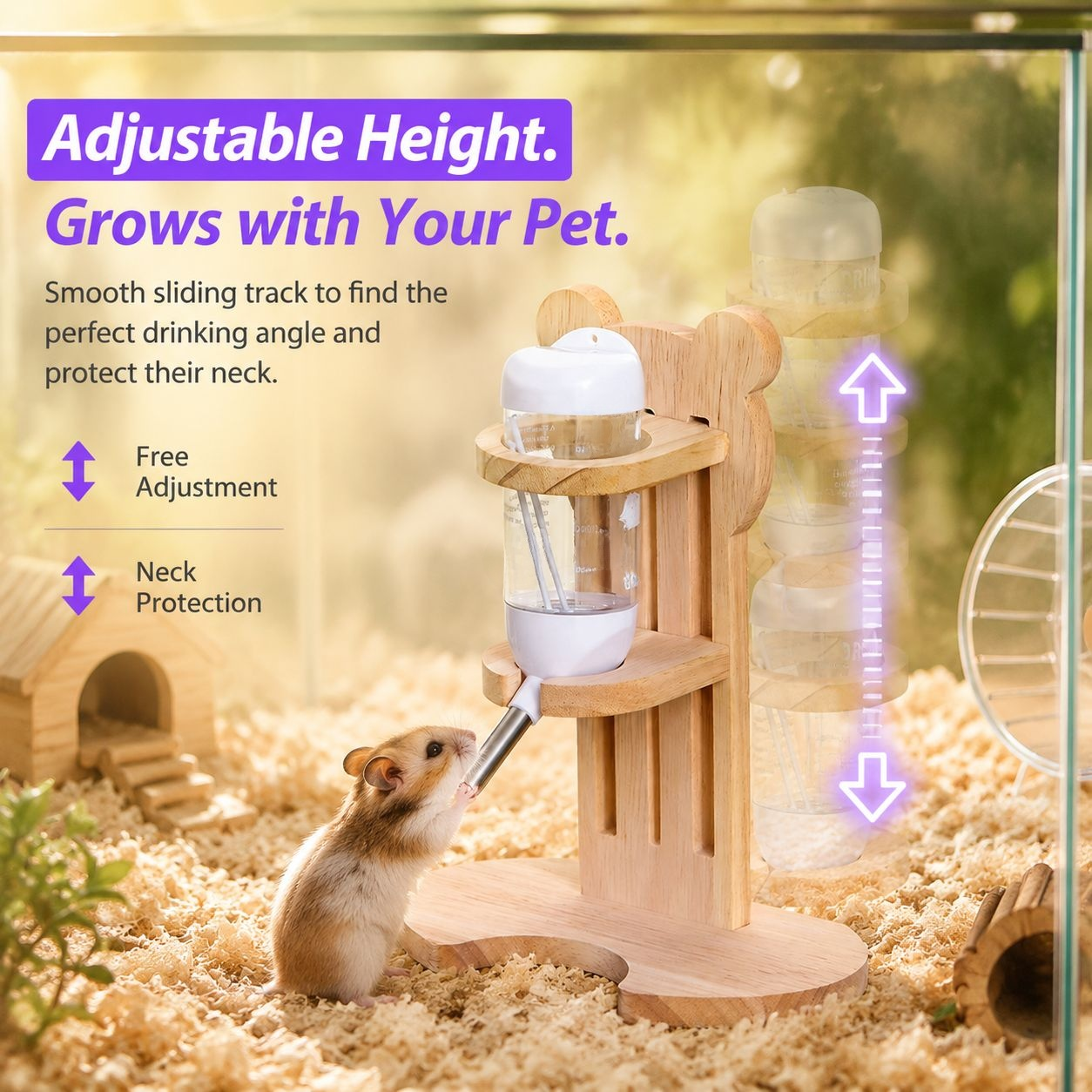 Hamster Anti-Bite Solid Wood Water Bottle Stand with Rolling Ball, Adjustable Height