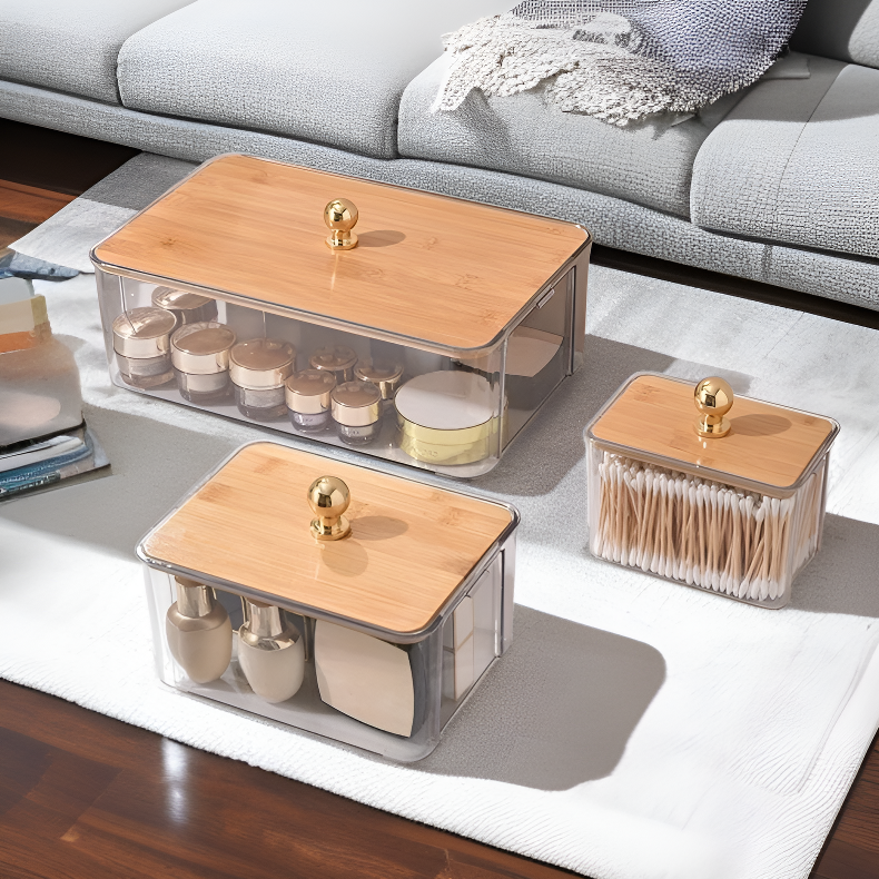 竹製透明收納盒帶蓋，臥室客廳桌面收納防塵