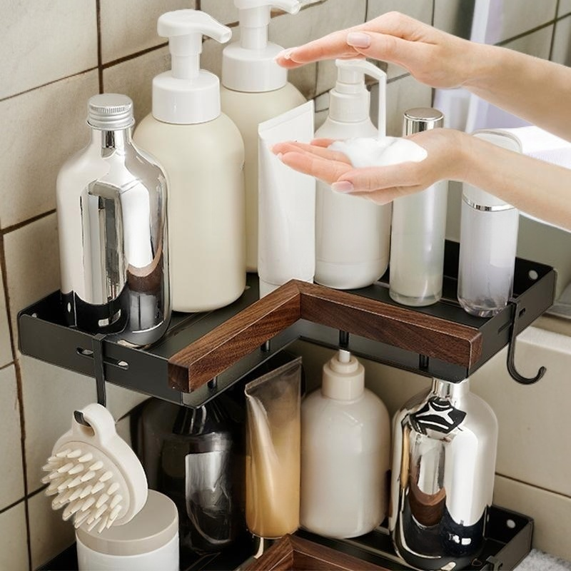 Bathroom toilet rack punch-free toilet wash basin wall-mounted tripod solid wood black walnut