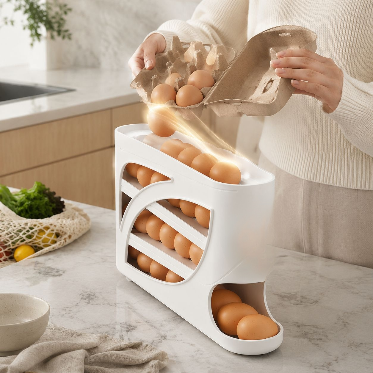 Boîte à œufs avec rouleau automatique multicouche pour réfrigérateur