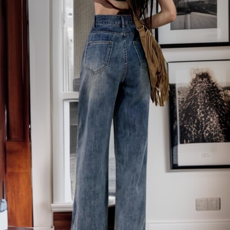 여성 하이웨스트 와이드 데님 슬리퍼 앞포켓 하이웨스트 스트레이트 팬츠