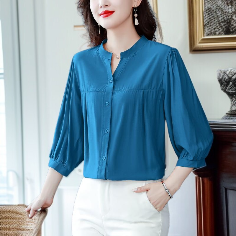면 마 셔츠 여 린넨 상의 고급 반팔 칠부 소매 엄마 루즈핏 배 가리개 블라우스 고급스러움