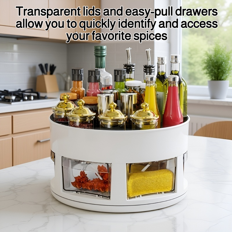 Multifunctional storage box for spice rack on kitchen countertop