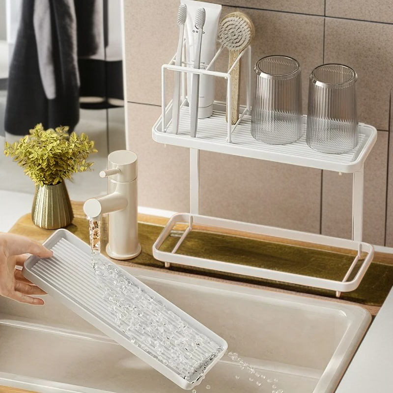 Double-Layer Bathroom Rack, Organizer for Toothbrushes and Bath Supplies
