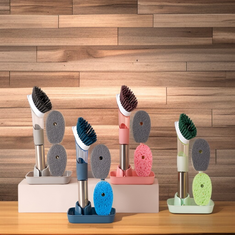 家庭用フォーインワン長柄キッチン食器用洗剤自動液体ポットブラシスポンジナイロン交換用プッシュ式ポットブラシ