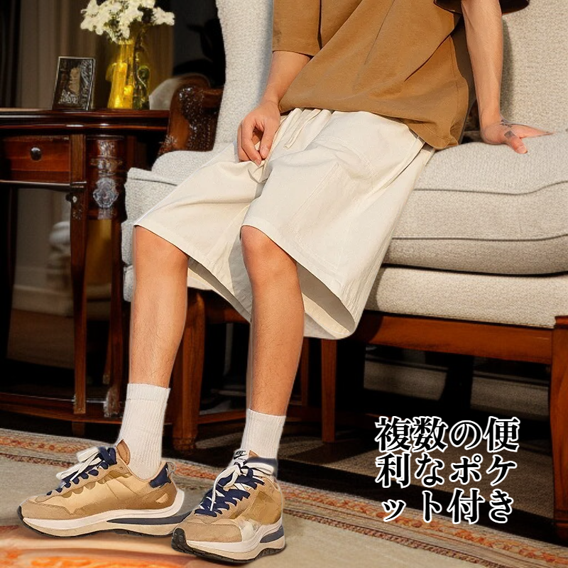 夏用メンズ日本風多ポケットカーゴハーフパンツ