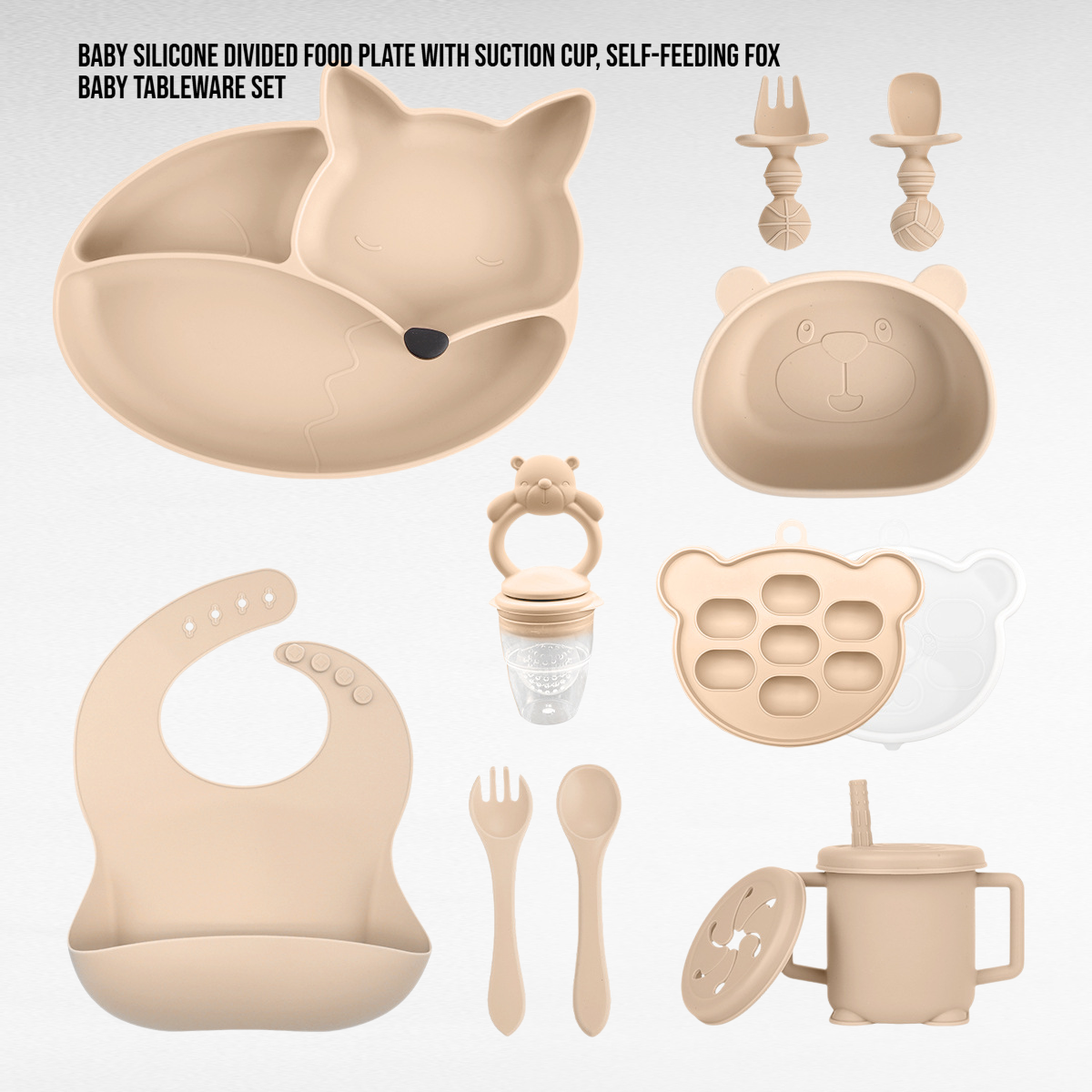  Infant Silicone Suction Bowl and Plate Set, Fox Design Feeding Tableware